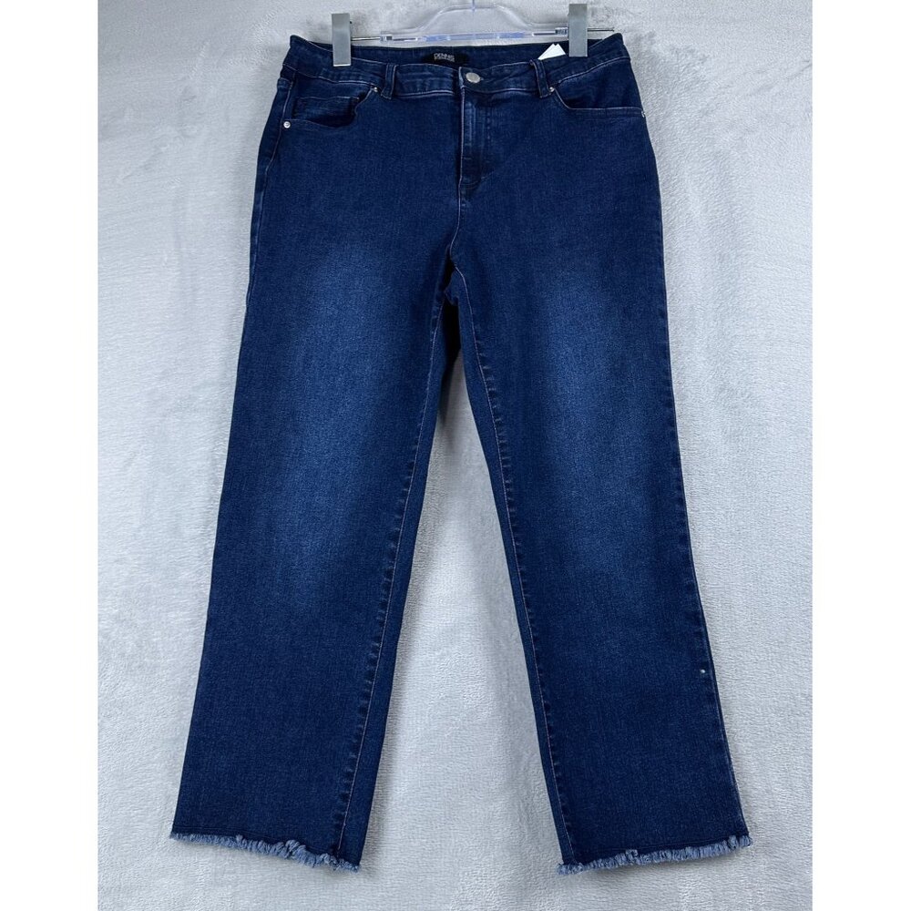 Dennis Basso Cropped Straight Leg Jeans Womens Size 10P Mid Rise Frayed Hem Blue